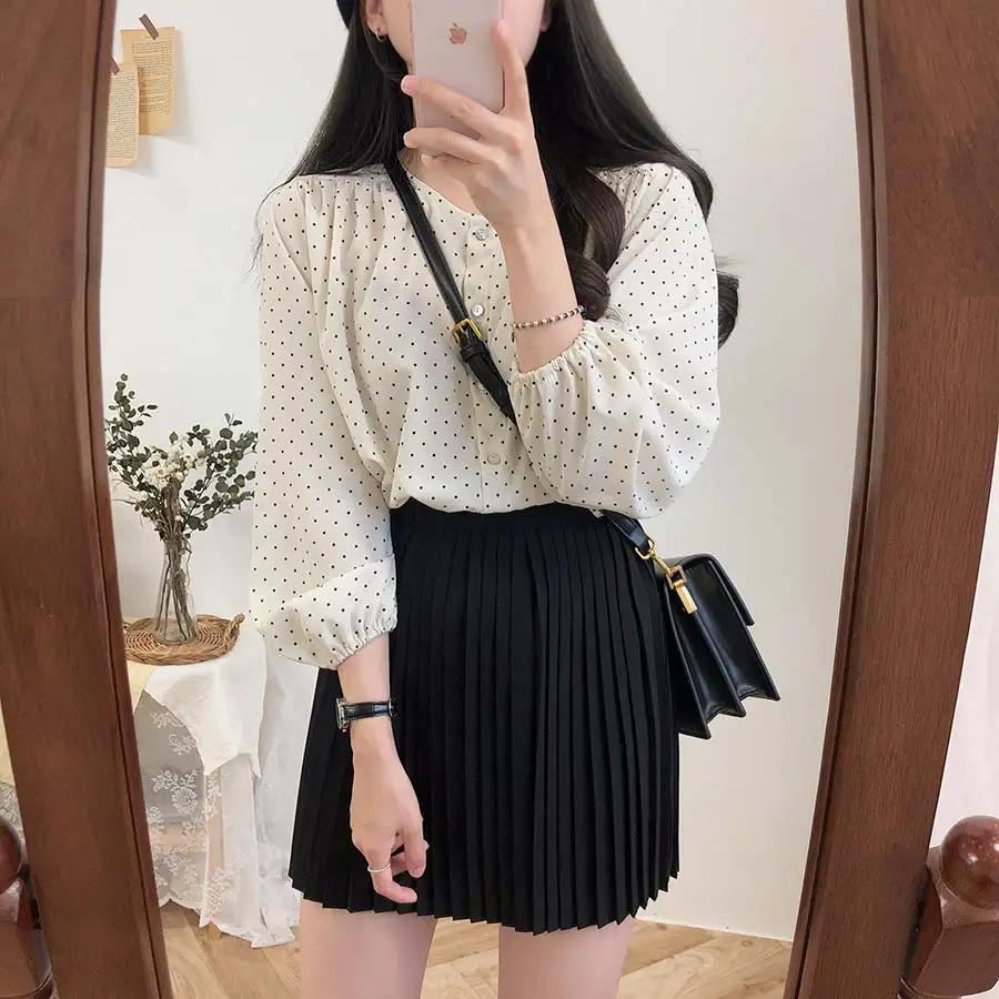 S XL, Новая Винтажная рубашка в горошек, женские топы, женские блузки с длинными рукавами для девочек, большие размеры, осенние женские блузки, femme Blusas