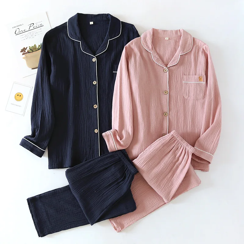 

Spring/Autumn Couple Pajamas Set Pure Cotton Crepe Soft Simple Long Sleeve Sleepwear for Men/Women Loose Comfy Thin Home Clothes