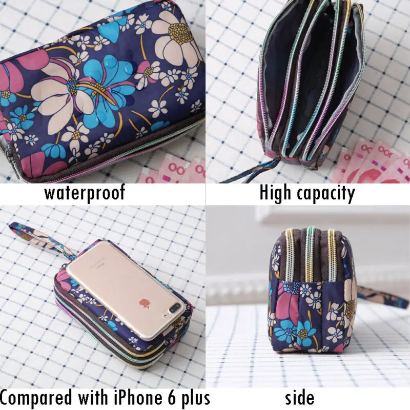 

Women Waterproof Wristlet Wallet Bag Purse Triple Three-Layer Zipper Coin Card Key Purse Clutch Bag Phone Case Organizer Pouch
