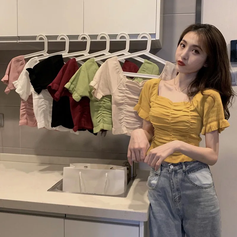 

Summer Women T-shirt Solid Color Square Collar Puff Sleeve Fitted Tops Female Off Shoulder Short Sleeve Fashion T shirt