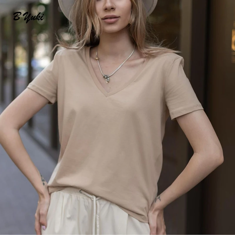 Футболка женская летняя мягкая хлопковая оверсайз с V-образным вырезом | Женская
