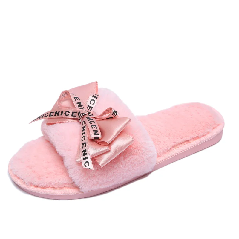 RUSHIMAN Bow Hair Slippers Women's Autumn And Winter Home Flat Bottom Anti-slip Open Toe Word Summer Air-conditioned Slippers