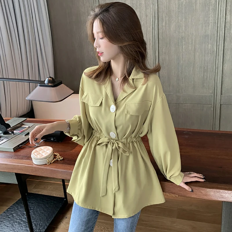 

Spring Autumn Style Women Blouses Shirts Lady Casual Long Sleeve Notched Collar Pleated Loose Blusas Tops DD8943