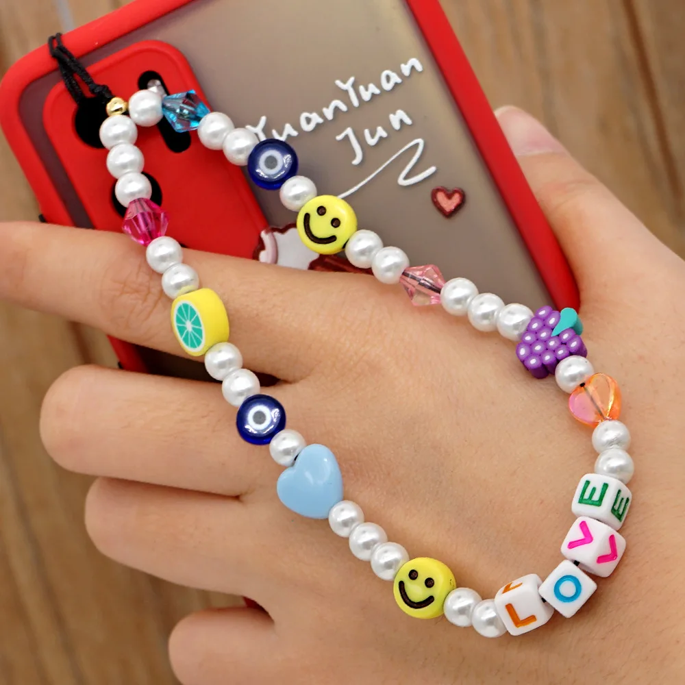 DIEZI 2021 New Imitation Pearl Phone Chain Wrist Strap Eyes Fruit Heart Smile Charm Chains Mobile Phone Beads Wristband Lanyard