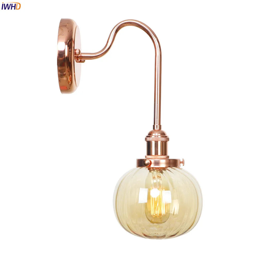 

IWHD Vintage Nordic Glass Pumpkin Wall Lamp LED Iron Rose Golden Wall Lights With Switch Creative Mirror Light Retro Fixtures