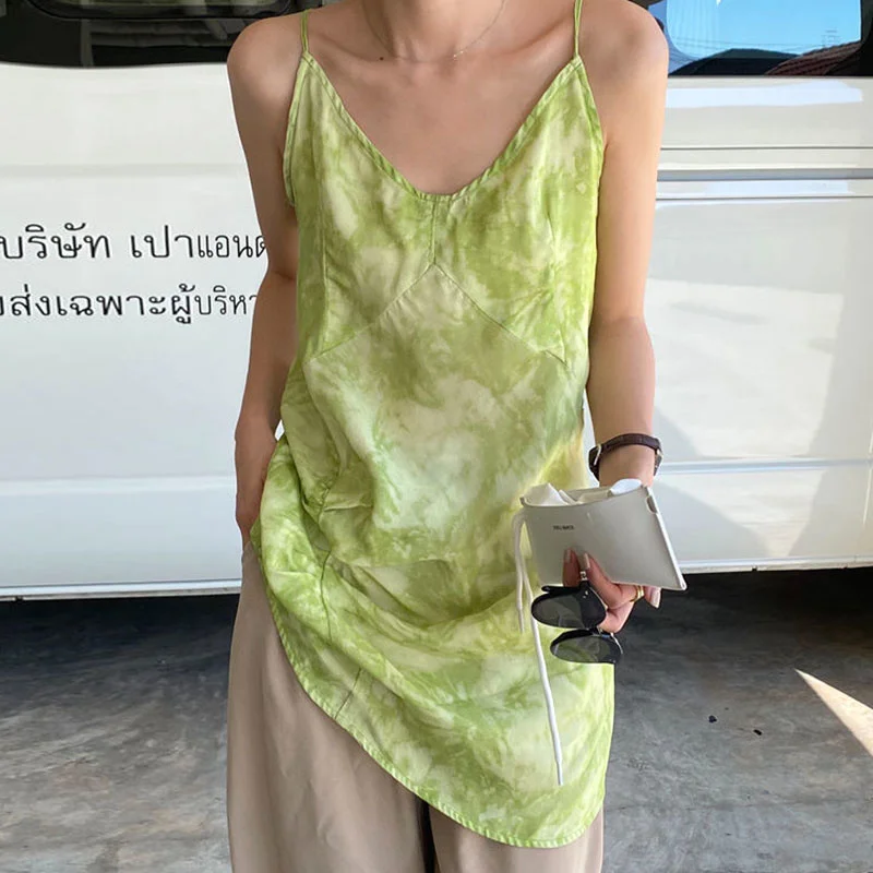 

2021 Korea Chic Summer Holiday Style New Design Fold Printing Long Sleeveless Tops Women Z814