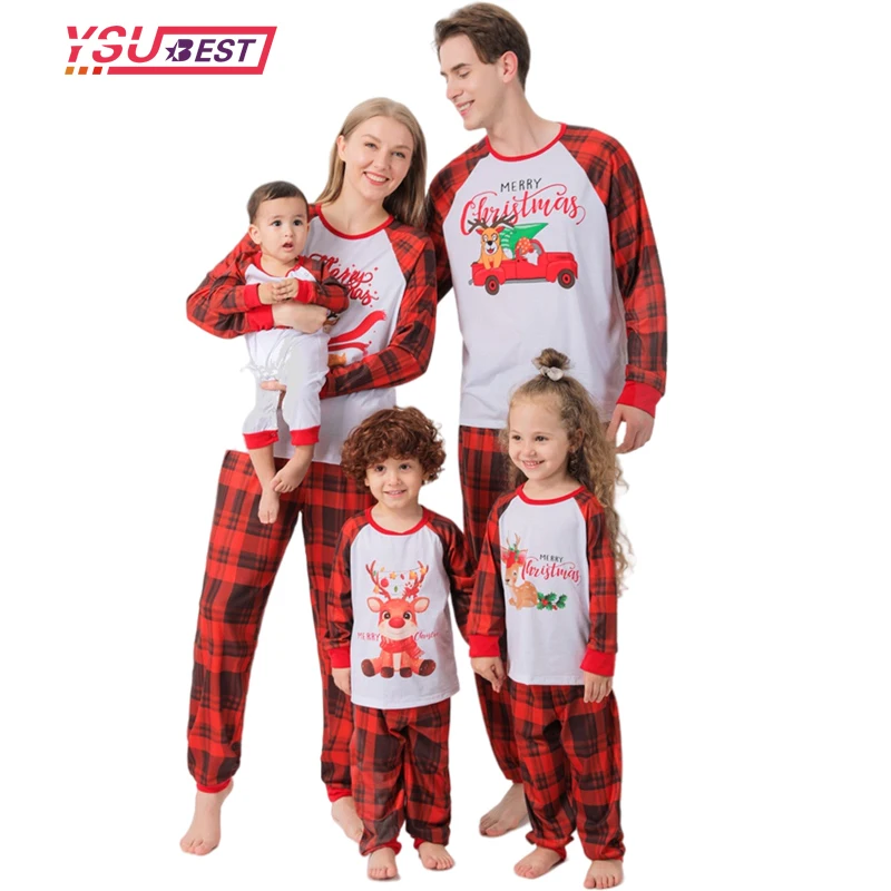

2021 Christmas Family Matching Outfits Pajamas Sets Deer Adult Kid Home Clothes Top + Plaid Pants Xmas Sleepwear Baby Romper New
