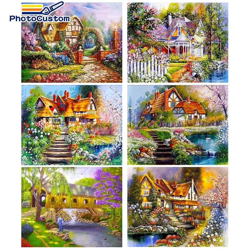 

PhotoCustom Landscape House Painting By Numbers DIY HandPainted on Canvas Home Decor Gift Kits Wall Art DIY