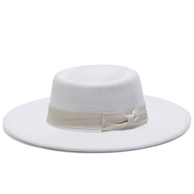2021 winter fedora hats for women fashion Flat wide Brim Wool Felt Jazz Fedora Hats for men goth Flat top bow cap 2