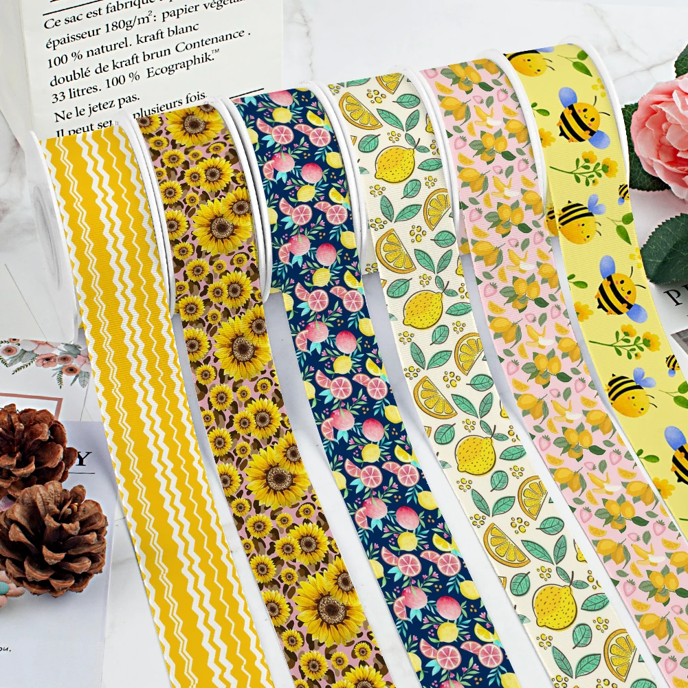 Подсолнухи с милым рисунком атласная лента в рубчик Пчелой для рукоделия Бант