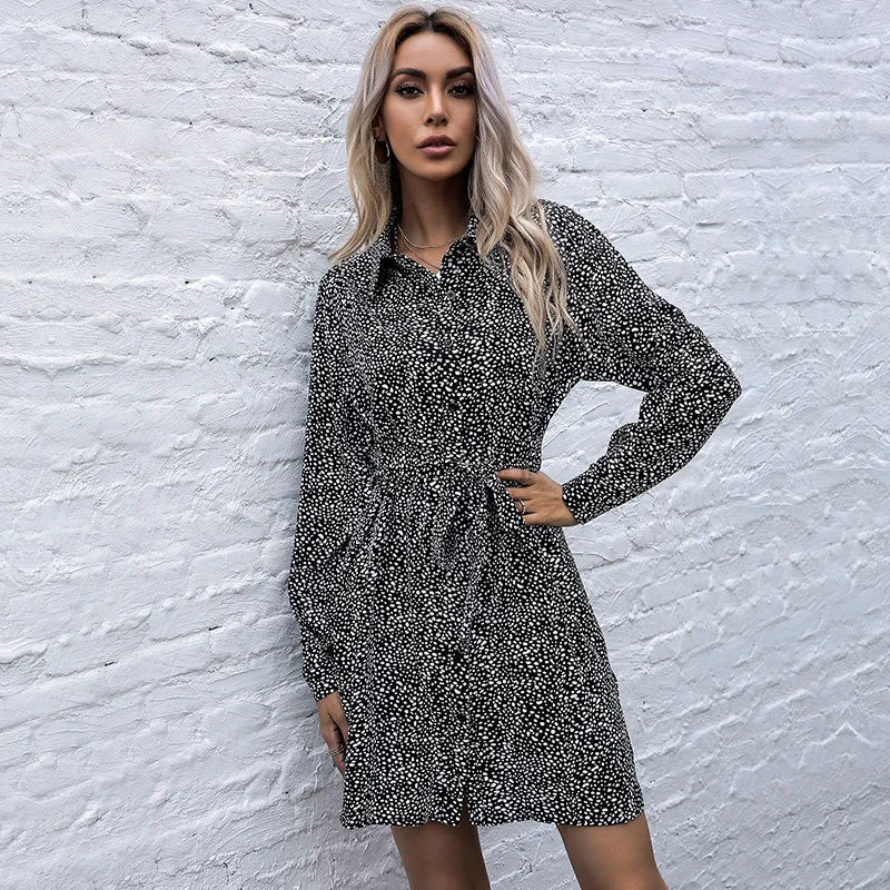 

Amazon cross border 2021 spring new European and American French long sleeve leopard lace up Lapel shirt dress