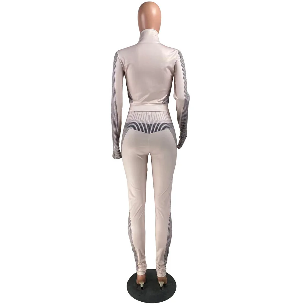 

Casual Solid Loungewear Sets Women's Clothing Zipper Long Sleeve Bandage Crop Top and Stretchy Jogger Legging Streetwear Outfits