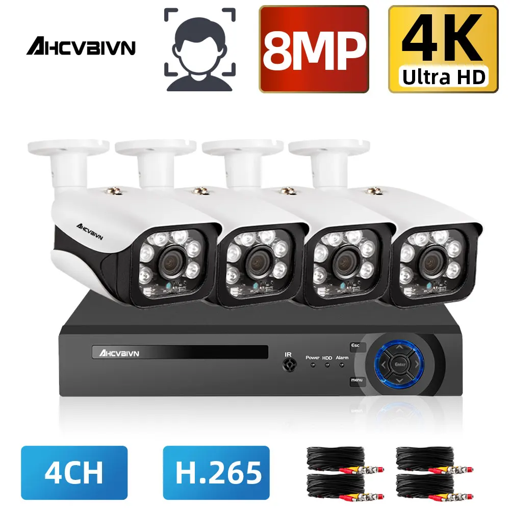

4*8 Мп Распознавание лиц AHD Водонепроницаемый CCTV Камера + 4*65ft(20 м) кабель наблюдения Поддержка IR-CUT ночного видения 6pcs инфракрасные лампы