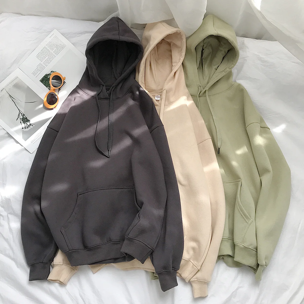 

2021 Women's Solid Color Sweatshirts Drawstring Casual Full Sleeve Hooded Pullovers Autumn Winter Pocket Loose Hoodies