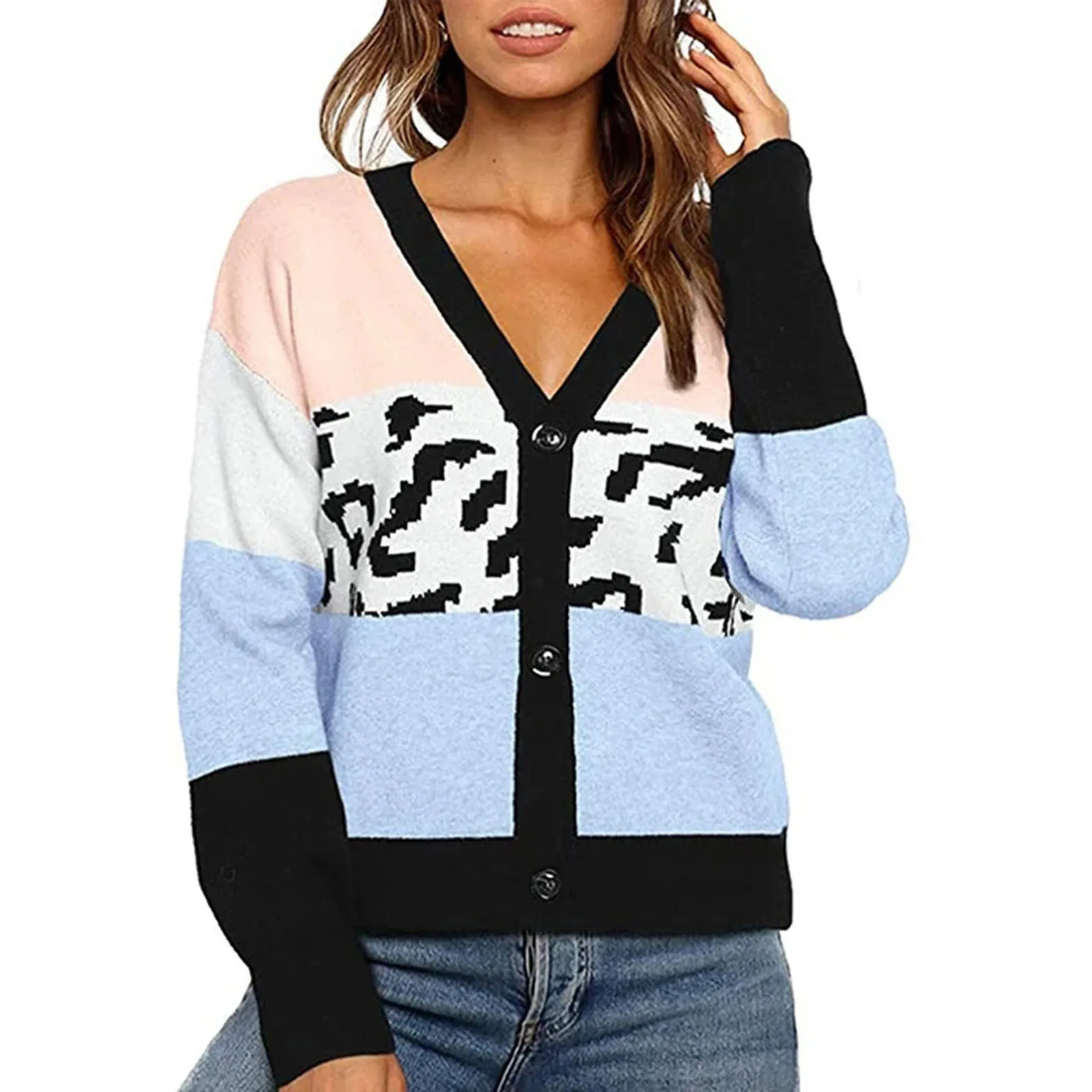 

Женский зимний свитер с длинным рукавом, Вязаный топ с цветными вставками, Leoaprd, кардиган, свитер, верхняя одежда
