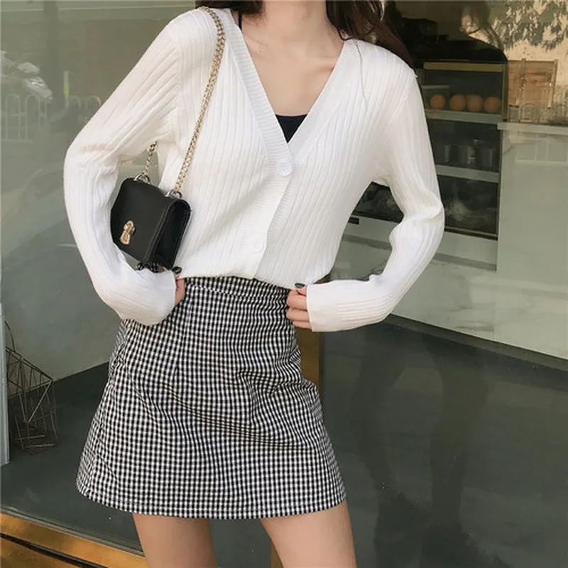 

V-neck Autumn Women Sweater Knit Loose Long Sleeve Sweater Solid Single-Breasted Cardigan Korean Sweet Office Lady Clothes 10330