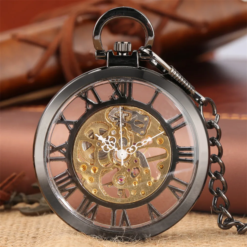 

Transparent Glass Roman Numerals Skeleton Mechanical Pocket Watch Retro Black Manual Mechanism Pendant Pocket Timepiece Male