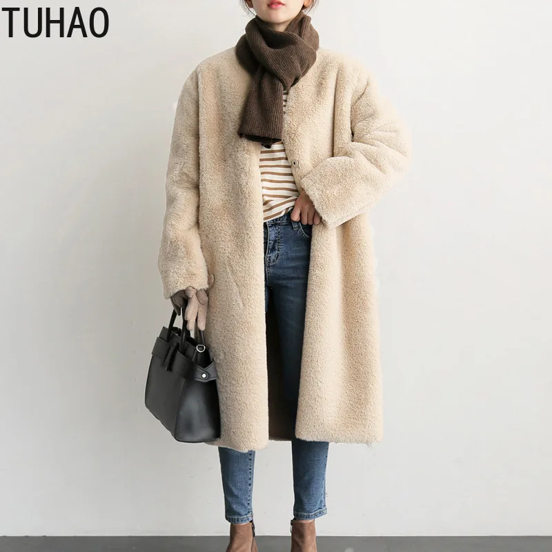 TUHAO Office Lady Elegant Long Faux Fur Coat Women  Autumn Winter Warm Fur Jacket Female Pocket Casual Teddy Outwear Coats