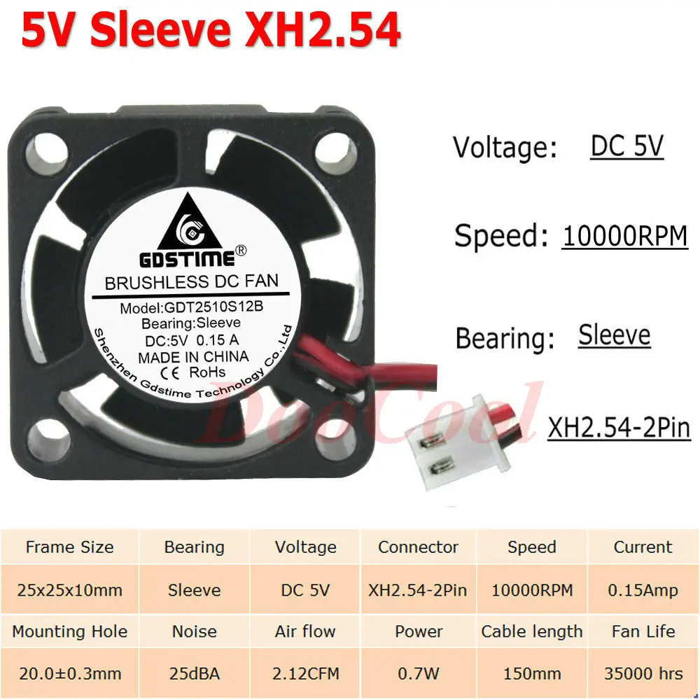 5V Sleeve XH2.54 5 шт. Gdstime с фокусным расстоянием 25 мм 25x25x10 мм 2Pin JST Dupont 5 В, 12 В, 24 В постоянного тока, 2510 рукав Шаровая Опора радиатора мини Бесщеточный Охлаждающий вентилятор Cooler - Цвет лезвия: 5V Sleeve XH2.54