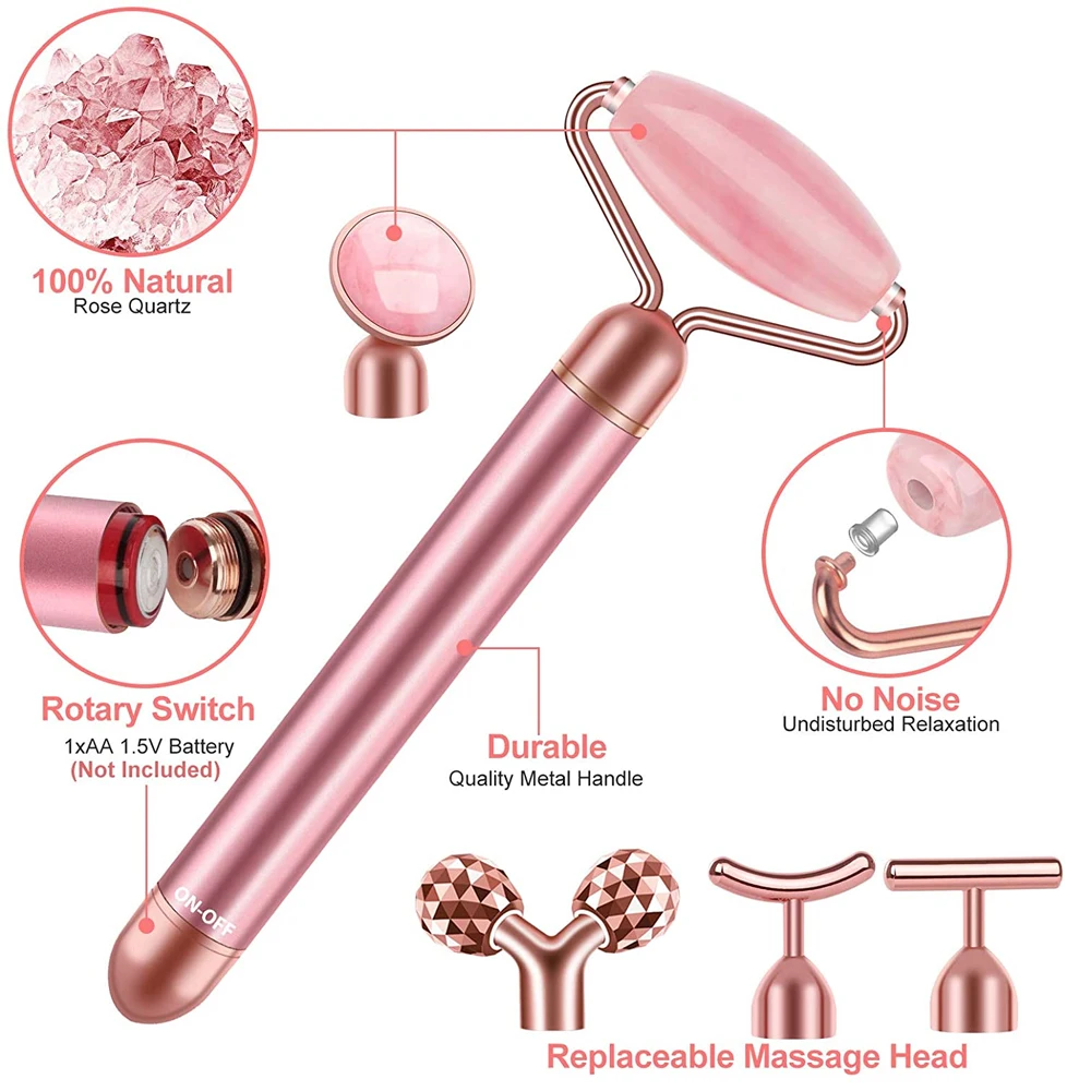 5-в-1 24K Gold Beauty Bar массажер для лица Электрический вибрирующий розовый кварц 3D ролик