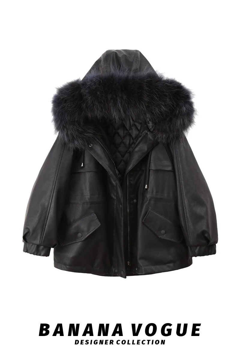 Hooded Genuine Fur Collar Thick Leather Coat Women's Winter New Korean Style Loose PU Leather Jacket