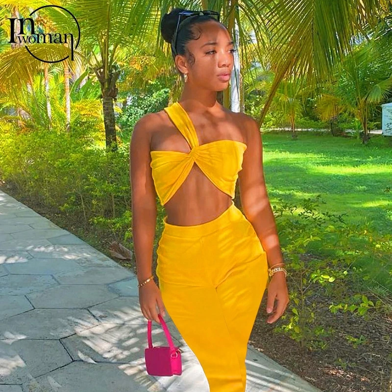 

Inwoman Летние Женские однотонные комплект из двух предметов, плечи, под открытым небом на плечи, с завышенной талией, женская одежда из двух ча...