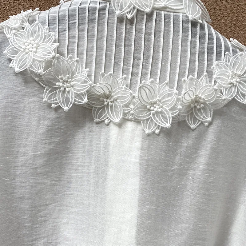 

Spring Summer Women's Shirt Three-Dimensional Embroidery Fower Linen Shirt Fashion Vacation Long Sleeve Tops High Quality Lady