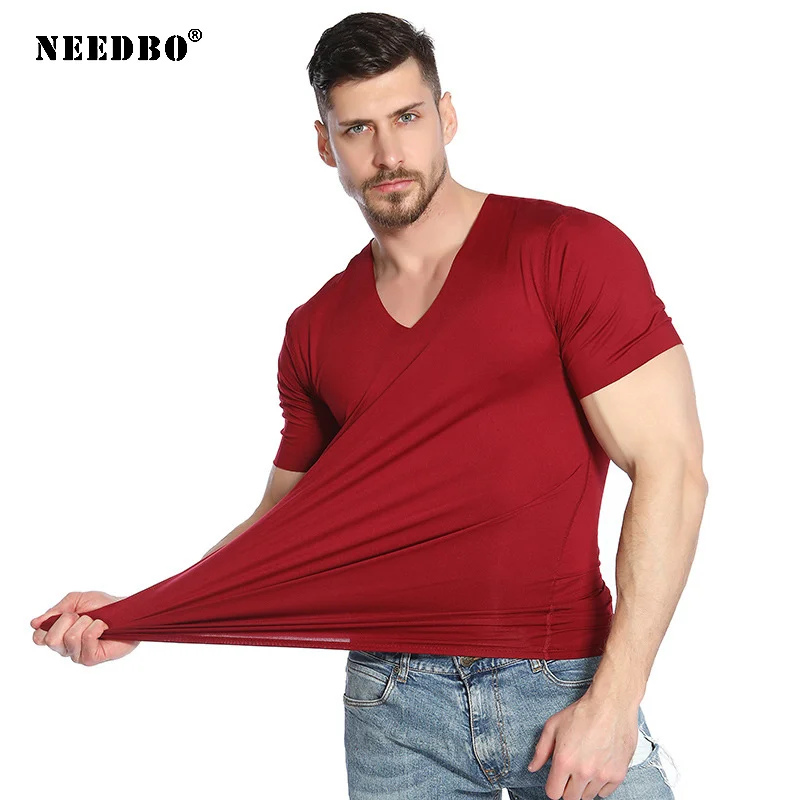 

NEEDBO Мужская футболка большого размера 4XL с коротким рукавом мягкая эластичная Мужская футболка с v-образным вырезом 2020 спортивные фитнес-фу...