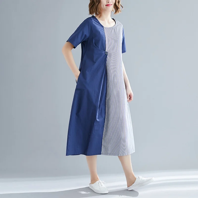 Длинное платье в полоску винтажное женское из хлопка и льна с круглым вырезом