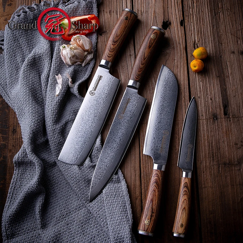 

4 PCS Damascus Knife Set vg10 Japanese Damascus Steel Chef Santoku Nakiri Utility Damascus Kitchen Knives Gift Box Grandsharp