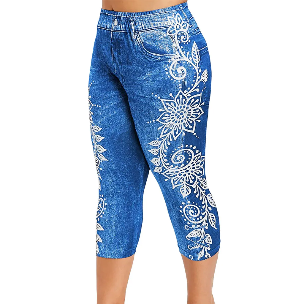 Женские леггинсы до середины икры имитирующие джинсы с принтом Yo ga Стрейчевые