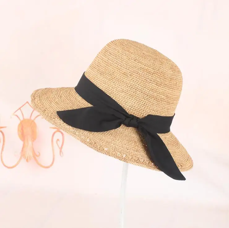 2022 Spring and Summer handmade raffia hat bowtie women's hat cool nice hats for women sun hat black and coffee ribbon straw hat