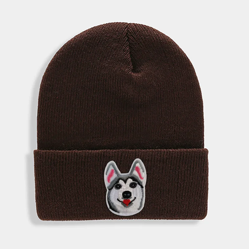 Huskies Hats Fashion Patches Sweet Beanie For Unisex Winter Brimless Stretchy Bonnet Solid Color Outdoor Cap Knitted Beanie - Цвет: Dark Coffee
