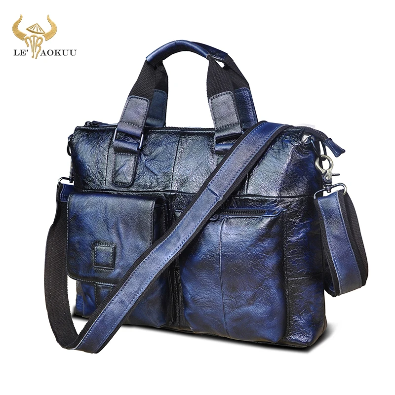 Men Original Real Leather Blue Fashion Business Briefcase 15&quot Laptop Case Attache Portfolio Bag One Shoulder Messenger B260 | Багаж и