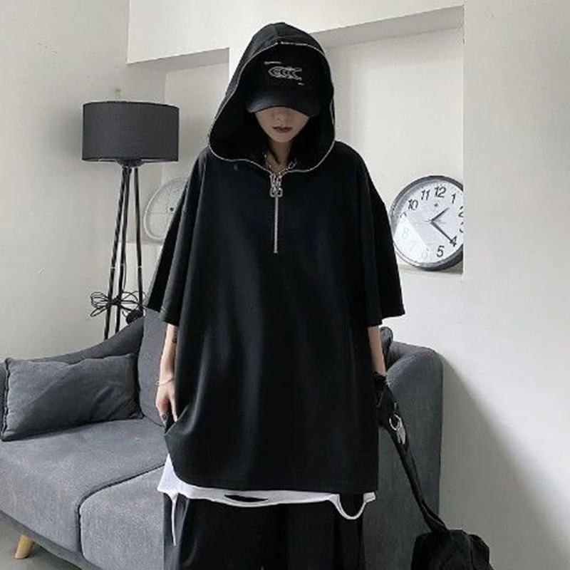 

150kg Wear Harajuku Zipper Hooded Short Sleeve Men T Shirt 2022 Summer Korean Fashion Streetwear 2xl Oversize Woman Clothing Top