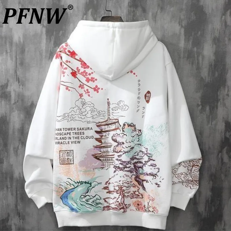 

PFNW 2021 Autumn New Sweater Men's Plush Fashion Loose Hooded Loose Warm Tops Hiphop Chinese Style Hoodies Art Printed Coat 1496