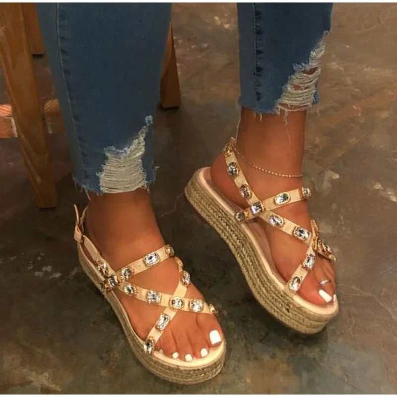 Сандалии Женская обувь на плоской платформе с кристаллами Винтажная пеньковой