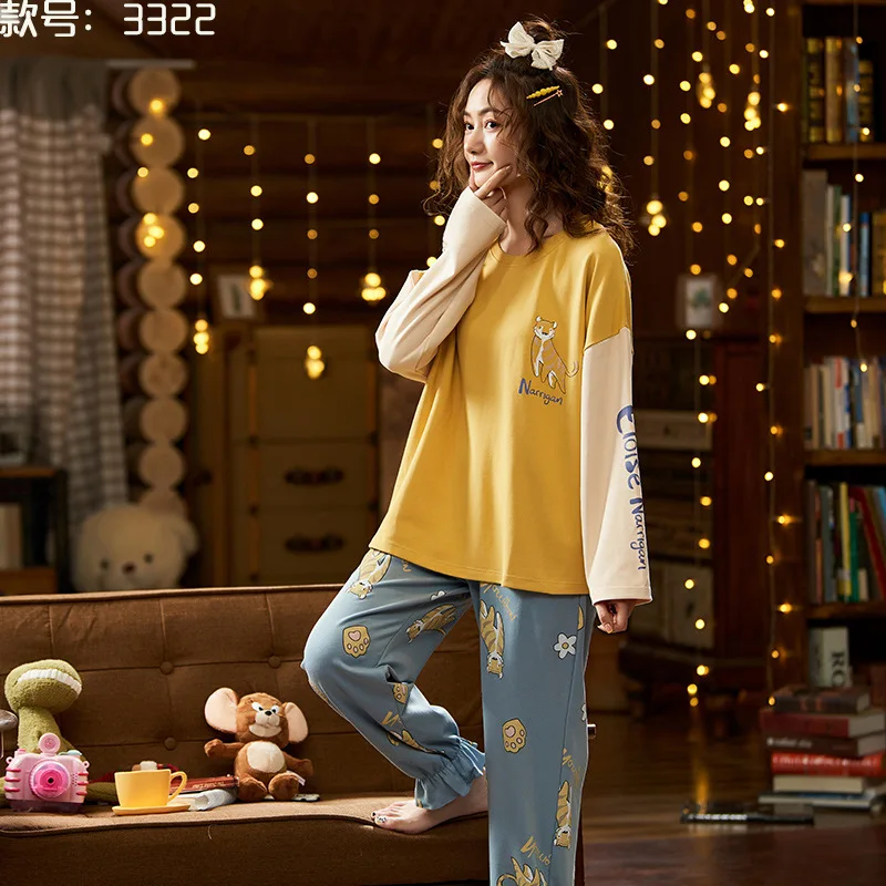 Pajamas Women's Long Sleeve Spring Autumn Cotton Winter Korean Cartoon Cute Casual Pants Can Wear Two Sets of Home Clothes