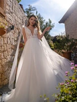 boho wedding dresses long chiffon with tulle appliques v neck sleeves bohemian beach bridal gown simple vestido de noiva