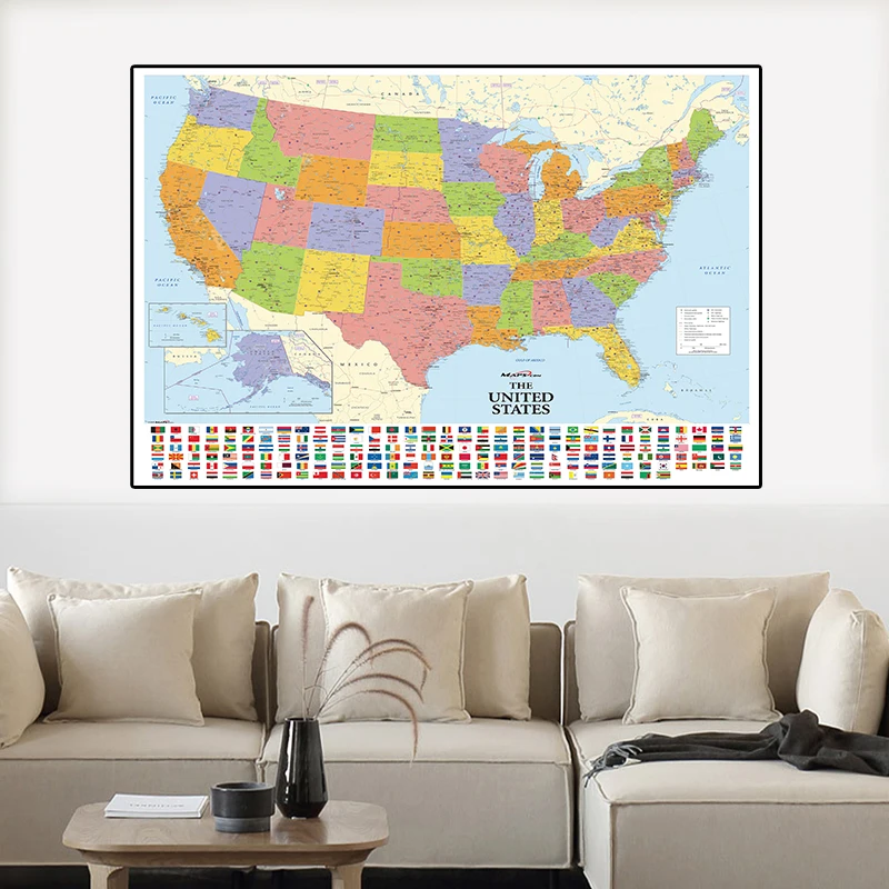 150x100cm Map of The United States with National Flags Non-woven Canvas Painting Vintage Poster Card Home Decor School Supplies |