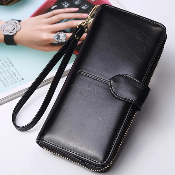 Black ACELURE Solid Color Women Long Wallets Simple Style Zipper& Hasp Purse With Card Holder Oil Wax Pu Leather Ladies Daily Wallet - Цвет: Black