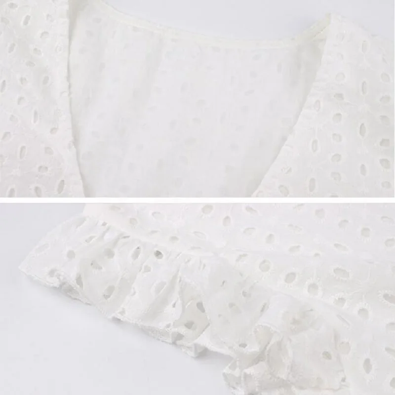 

Ladies Solid Hollow Out Short Dress Women V Neck Butterfly Sleeve Hollow White Lace Dress Casual Loose Summer Women Mini Dress