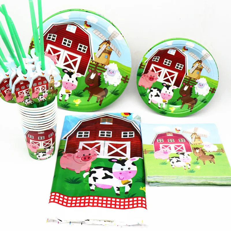 

Cow Theme Party Ranch Zoo Decoration Supplies Farm Animal Tablecloth Paper Plate Cup Napkin Flag Straw Card Tableware 51pcs Set