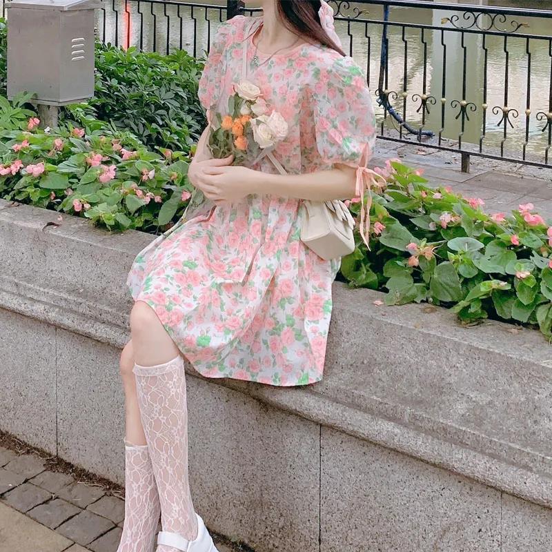 

Flower One-piece Dress Korean Short Sleeve Vintage Elegant Dress Females Bandage Design Boho Beach Dresses for Women Summer 2021