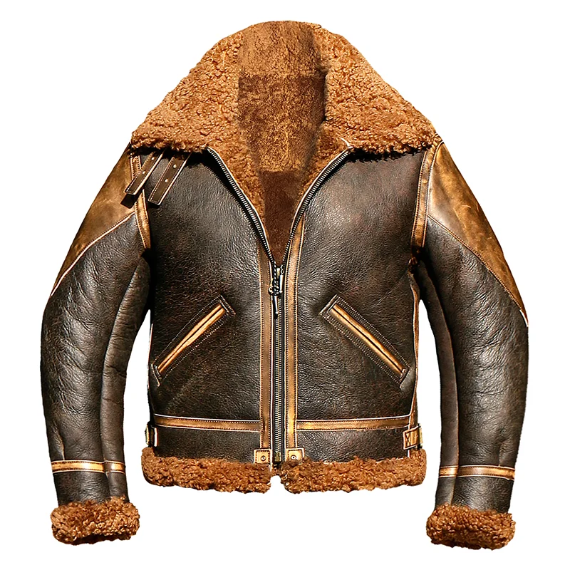 

CDJ-116 European US Size High Quality Super Warm Genuine Sheep Leather Coat Mens Big B3 Shearling Bomber Military Fur Jacket
