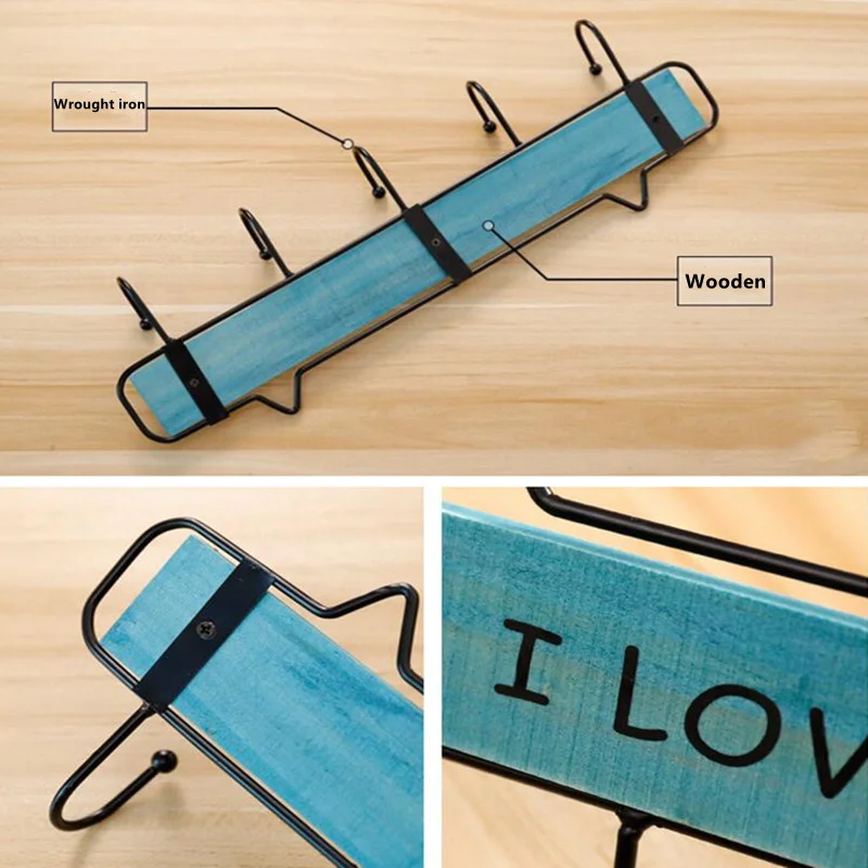 

Solid Wood Creative Wrought Iron Coat Hook Door Key Restaurant Porch Kitchen Wall Decoration Hook-free Perforated Row Hooks