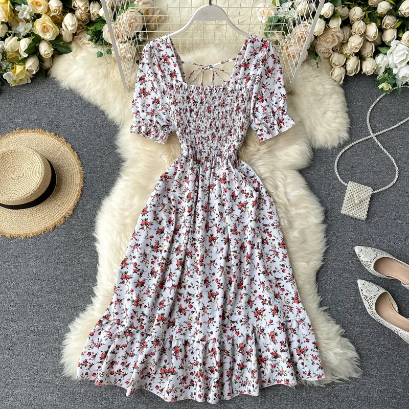 

Square Collar Short Sleeve Boho Dresses Casual Summer Floral Print Dress Cute French Pleated Slim A Line Chiffon Dress Vestido