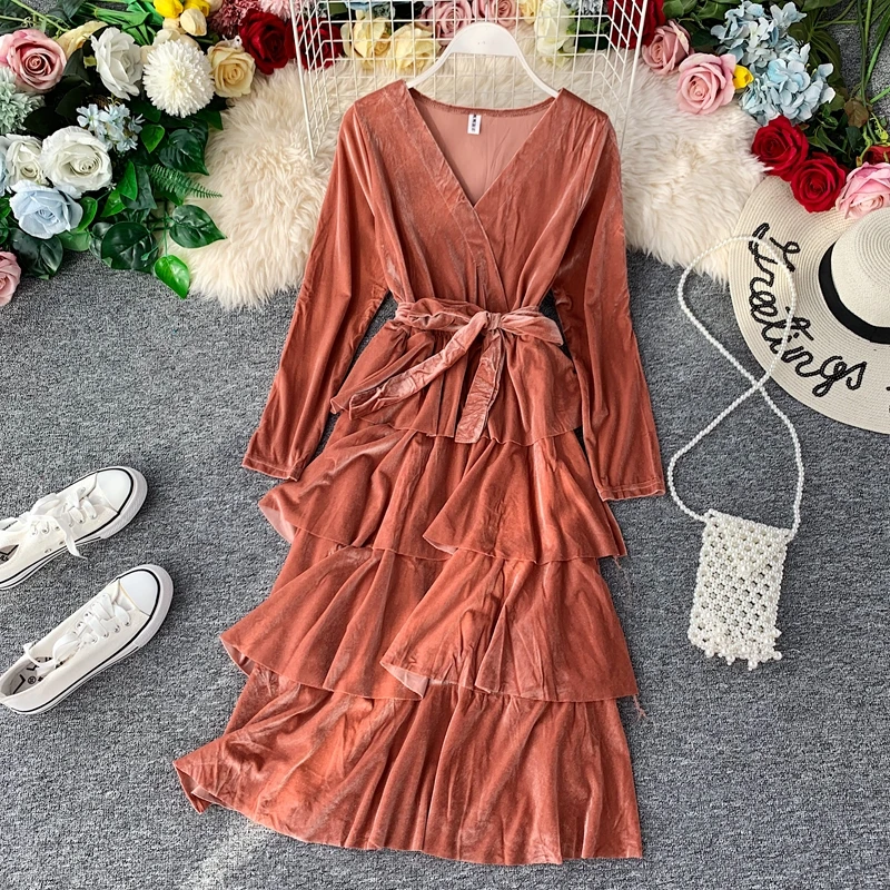 SINGRAIN Winter Women Long Velour Dress Autumn Midi Cake Elegant Party Club Warm Dresses Solid Vintage Tiered Velvet | Женская одежда
