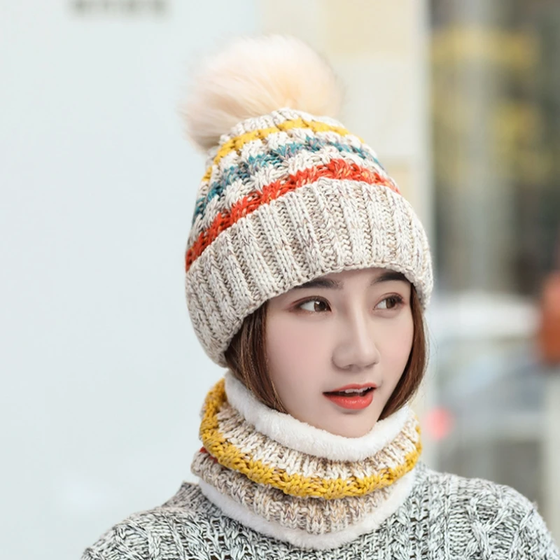 

Women Winter 2Pcs Pompom Beanie Hat Circle Scarf Set Multicolor Striped Knit Skull Cap Plush Lined Neck Warmer