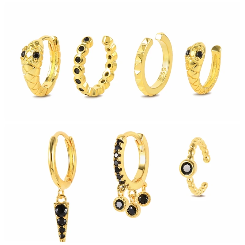 

MC Black Zircon Earrings Set for Girls Women 925 Sterling Silver Earrings Ear Hoops New 3pcs/Set Fashion INS Style Pendientes